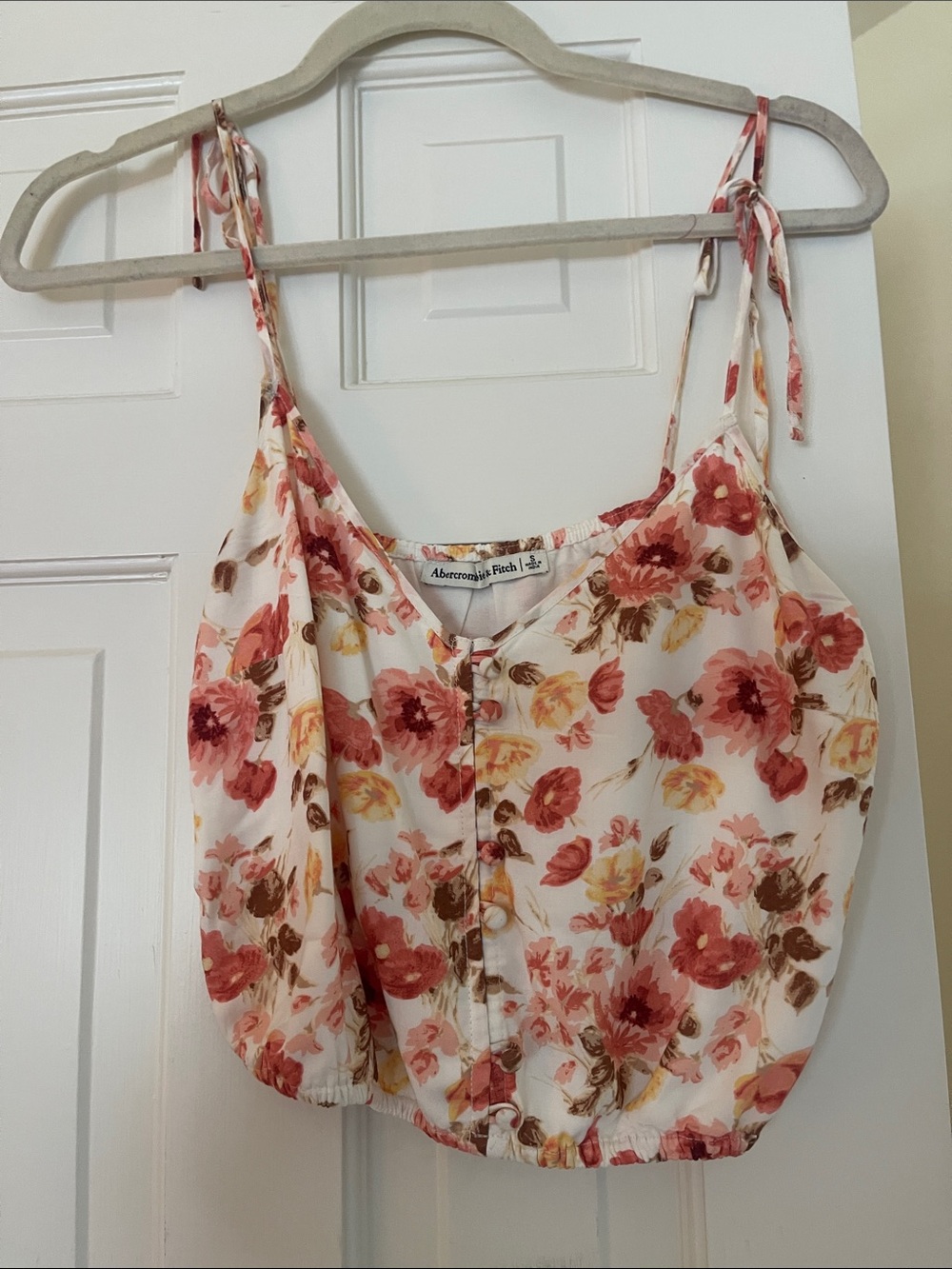 Abercrombie & Fitch Cream Floral Tie-Strap Crop Top with Pink and Peach Blooms